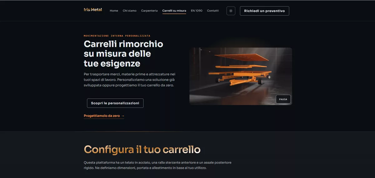La pagina «Carrelli rimorchio su misura» del nuovo sito di Iris Metal, in lavorazione.